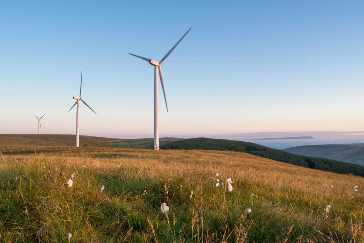 Wind turbines overlooking farm land