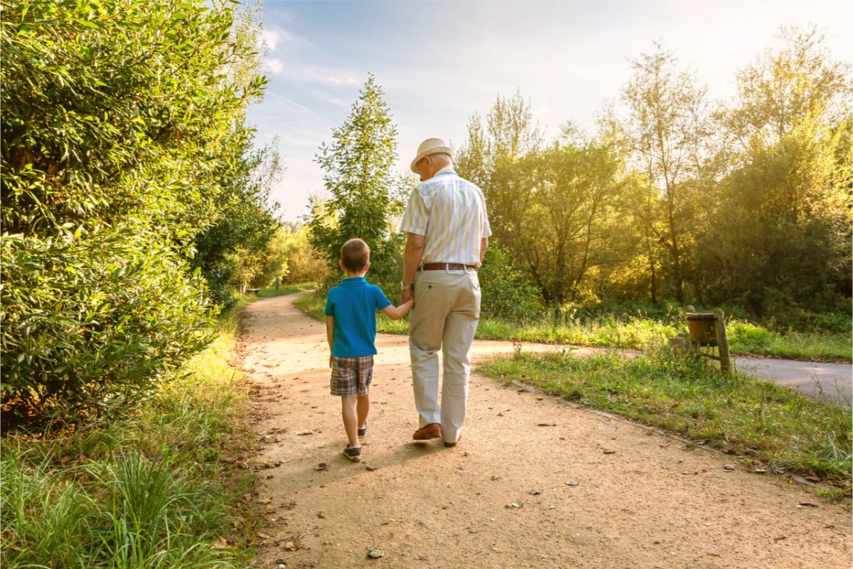 A grandfather and grandchild walking through a park.